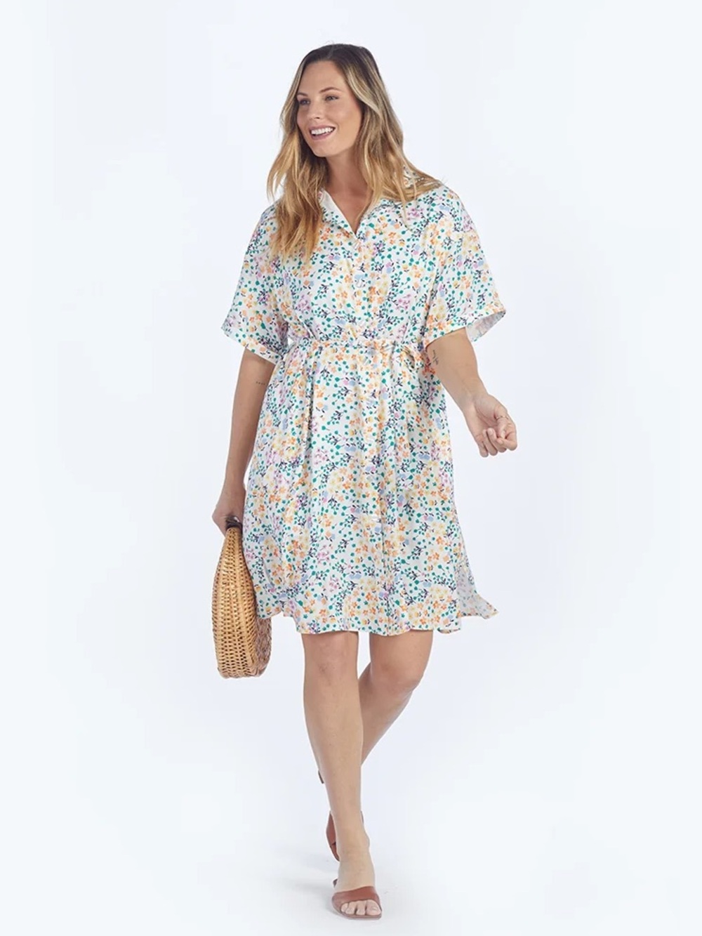 Summersalt The Do-It-All Shirtdress Wildflower Fields in Sunshine Coral XL